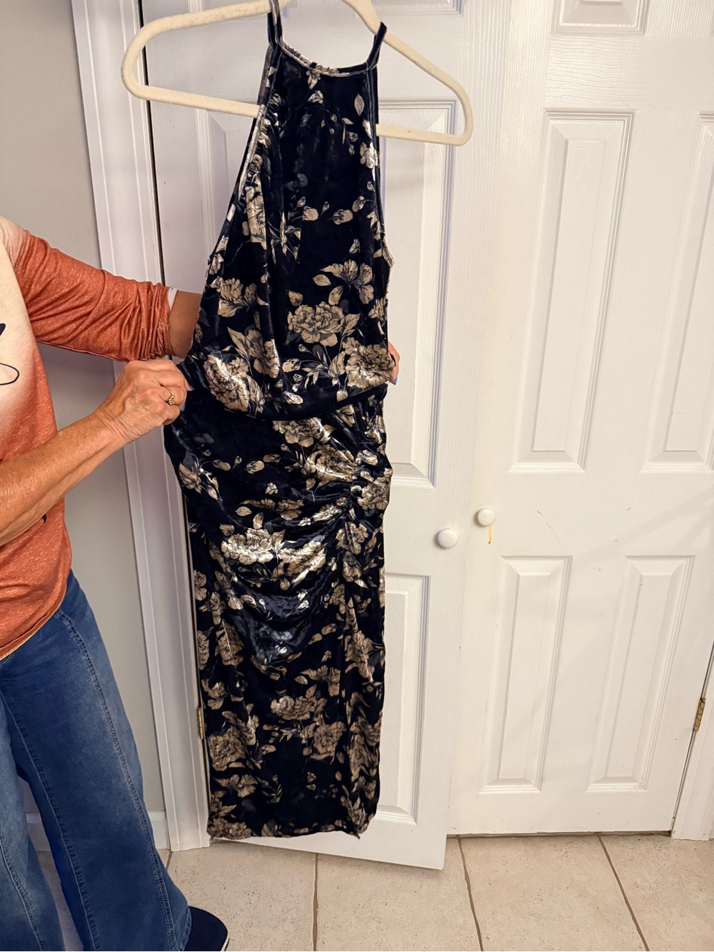 JJs House Black Velvet Floral Midi Dress with Gold Floral Accents